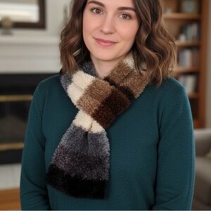 Cozy Multi-Tone Faux Fur Plush Striped Scarf Earth Tones & Gray Winter Core Warm